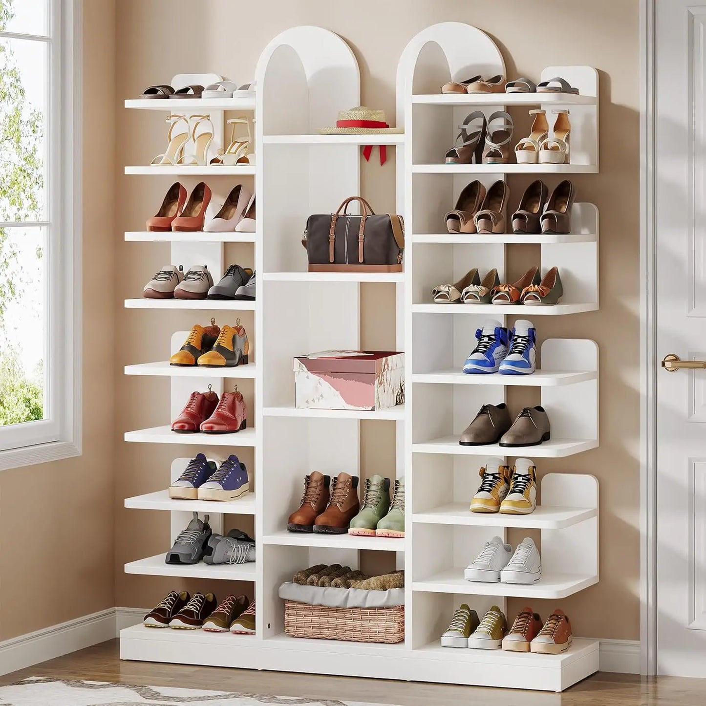 White Shoe Rack, 13-Tier Freestanding Tall Entryway Shoe Organizer with Open Shelves, 40 Pairs Wide Wooden Shoe, Customized