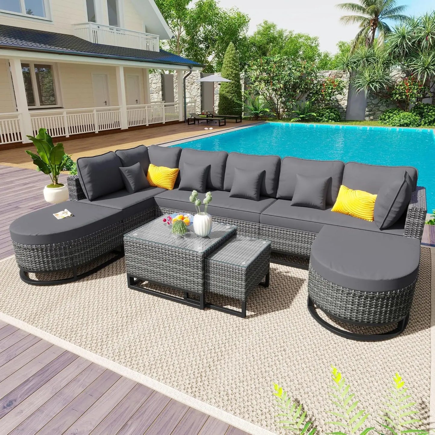 Acacia Wood Half-Moon Outdoor Sofa Set Coffee Table 6 Seat Garden Deck Customized