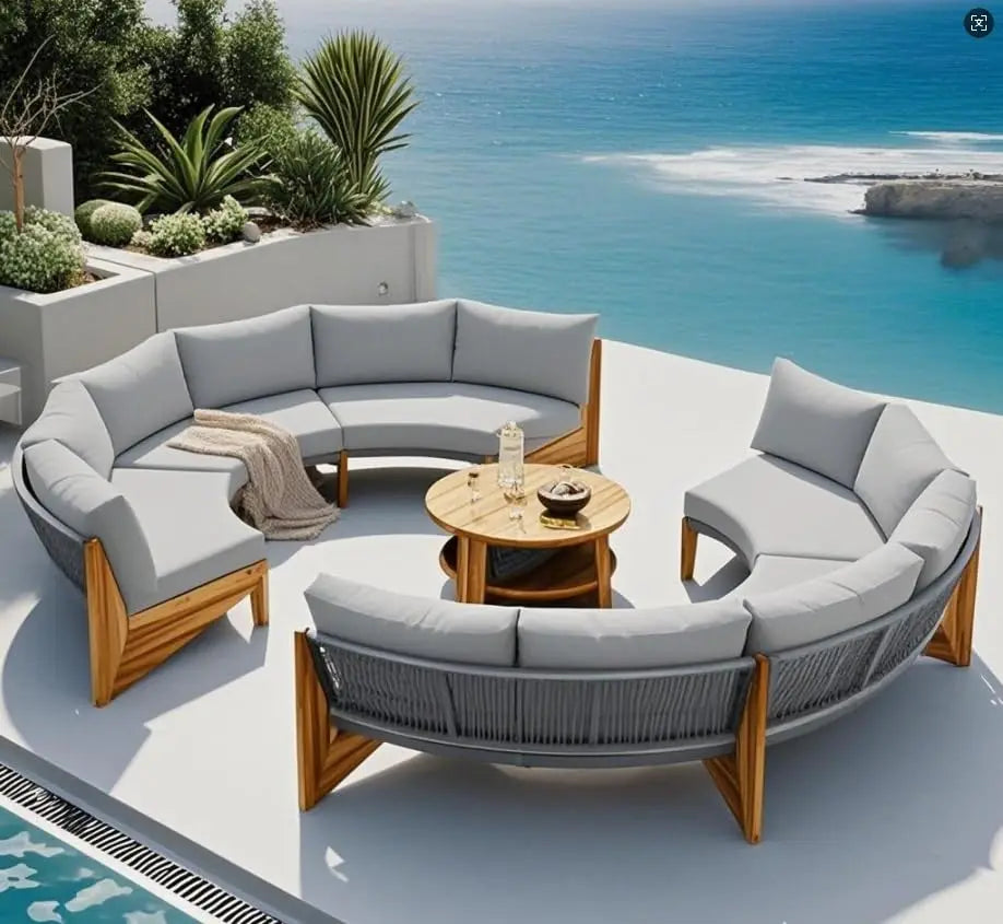 Acacia Wood Half-Moon Outdoor Sofa Set Coffee Table 6 Seat Garden Deck Customized