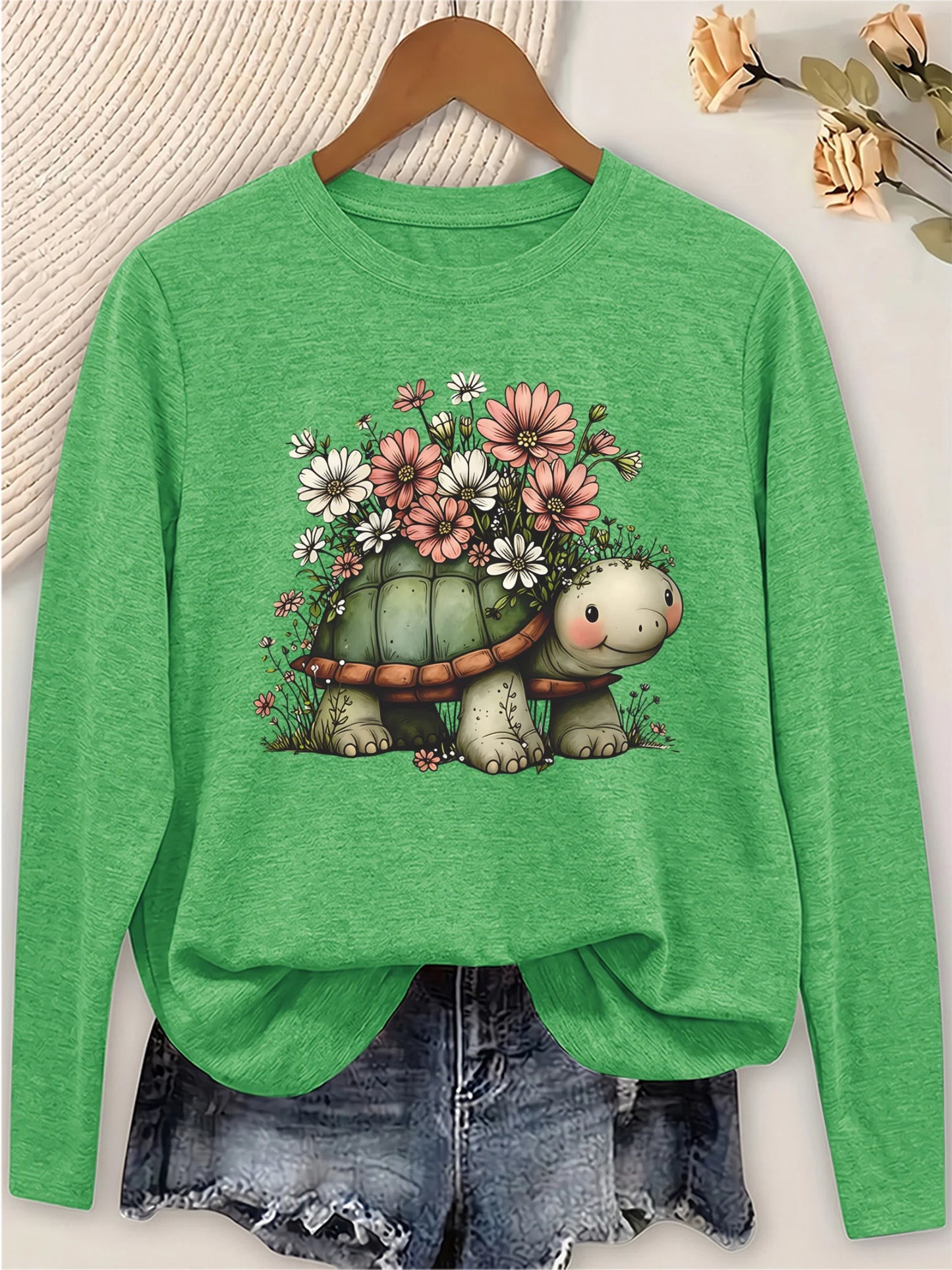 Women's Long Sleeve T Shirt With Turtle Floral Print
