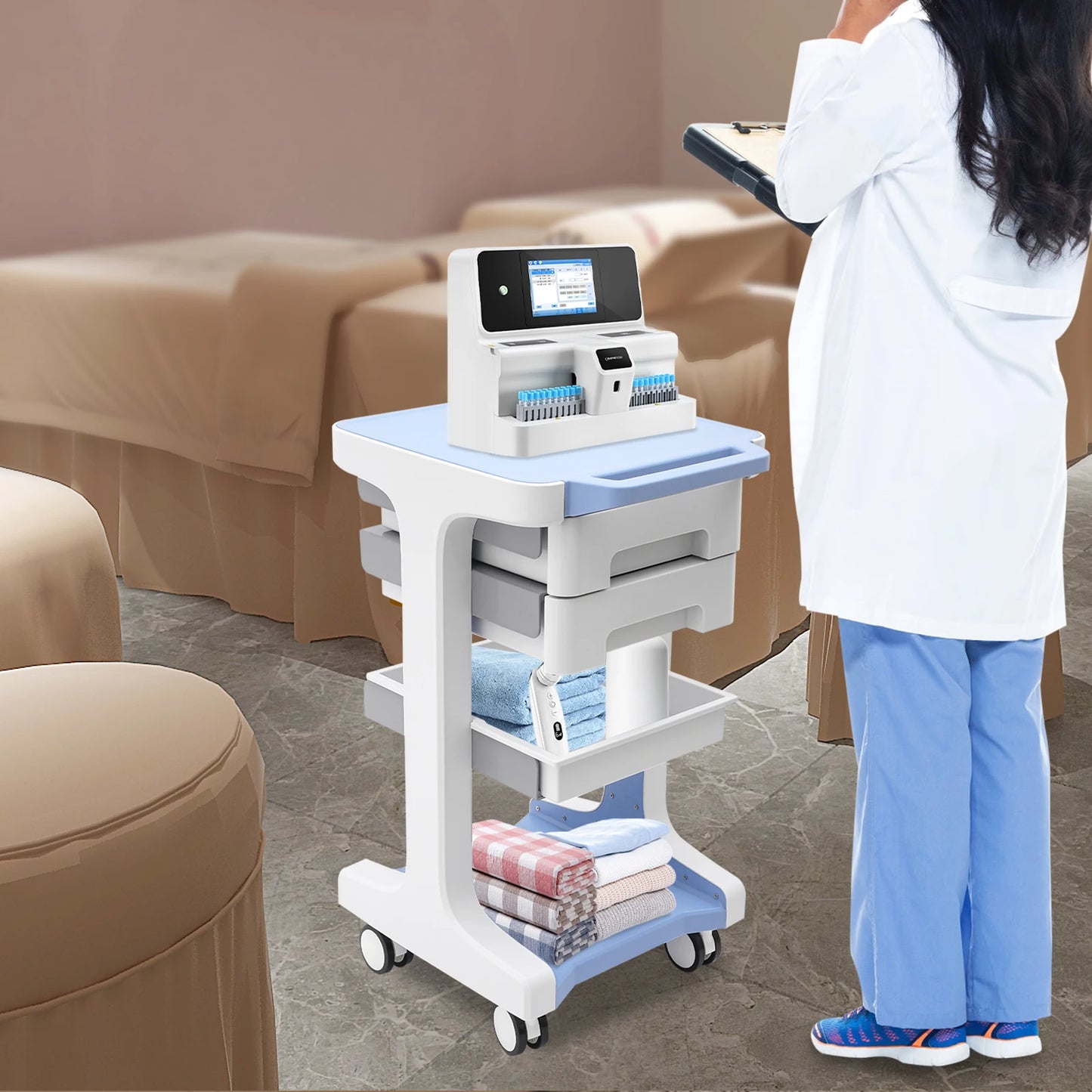 3-Tier Beauty Salon Trolley, 2 Drawers Mobile Storage Cart, 41*41*67cm Utility Cart on Wheels for Barber Stores, Clinics, Spas