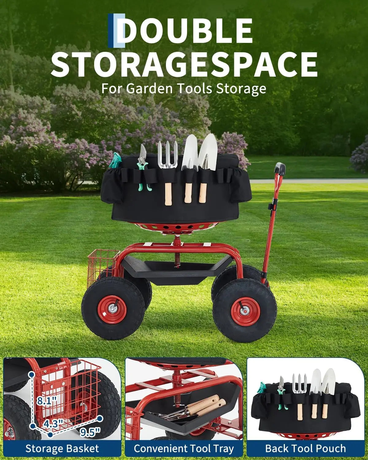 Heavy Duty Garden Cart Rolling Work Seat, 360° Swivel Garden Scooter With 10in Pneumatic Tires, Tool Tray, Storage Basket, 300LB