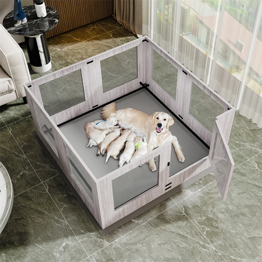 BORWART Heavy Duty Dog Whelping Box With Tempered Glass Enclosure
