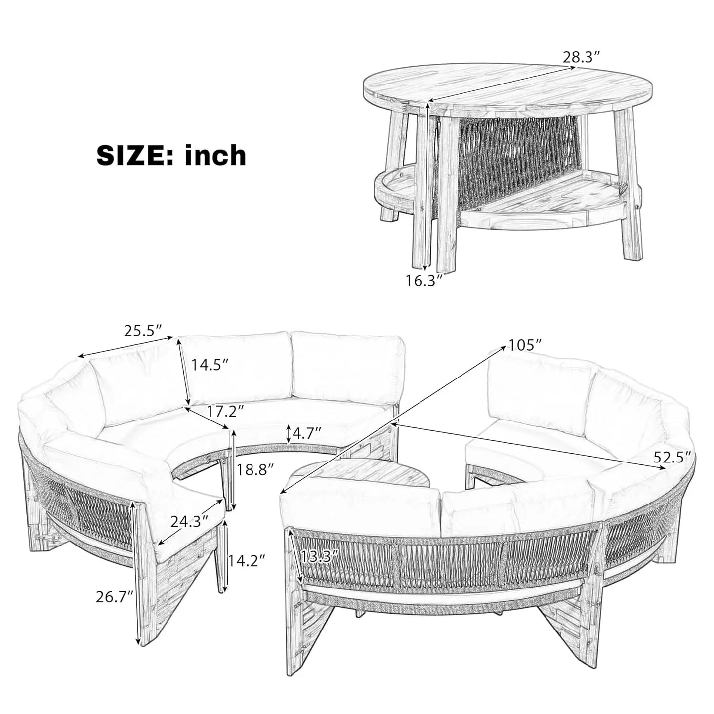 Acacia Wood Half-Moon Outdoor Sofa Set Coffee Table 6 Seat Garden Deck Customized