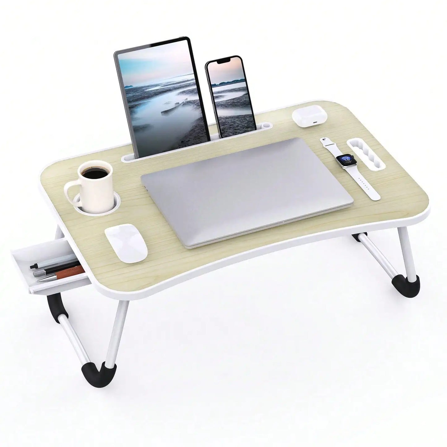 Folding Laptop Lap Desk With Side Storage Drawer Portable