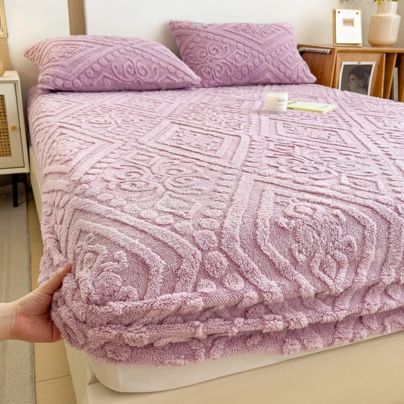 Plush Embossed Fitted Sheet Soft Warm Machine Washable Bedding