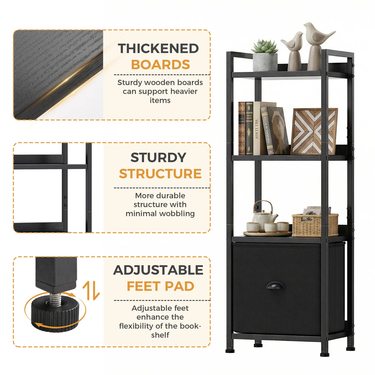 MCQ 4 Tiers Metal Classic Bookshelf with Fabric Drawer Freestanding Tall Display Shelf Storage Shelves Bookshelf Sturdy Structure Graduated Shelves for Home
