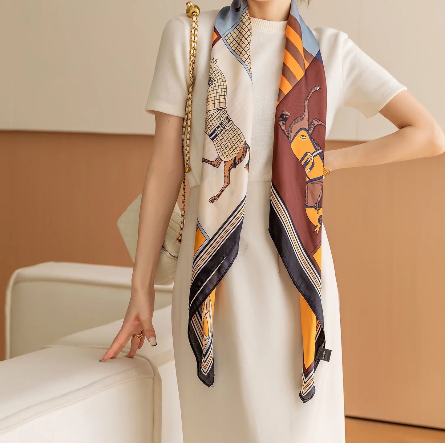 HYKMAIYW Luxury Horse Print Square Scarf Imitation Silk