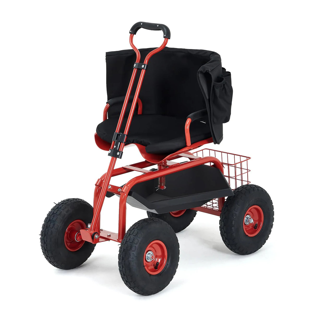 Heavy Duty Garden Cart Rolling Work Seat, 360° Swivel Garden Scooter With 10in Pneumatic Tires, Tool Tray, Storage Basket, 300LB
