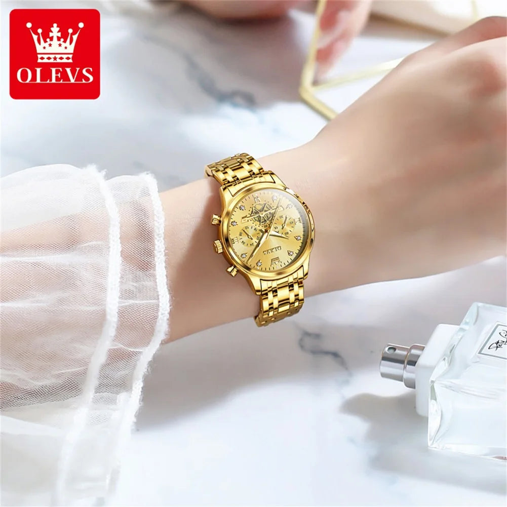 OLEVS Skeleton Quartz Chronograph Stainless Steel Waterproof Luminous Watch