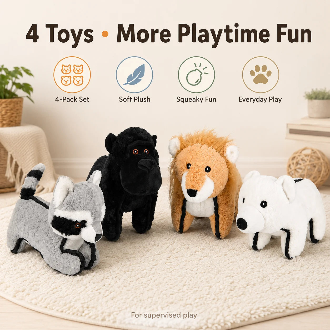 4-Piece Squeaky Plush Pet Toys Set - Polar Bear, Raccoon, Lion & Chimpanzee - Durable Soft Chew Toys for Dogs & Cats - Bite-Resistant Stuffed Animals for Puppies & Kittens - Anxiety Relief & Interactive Play