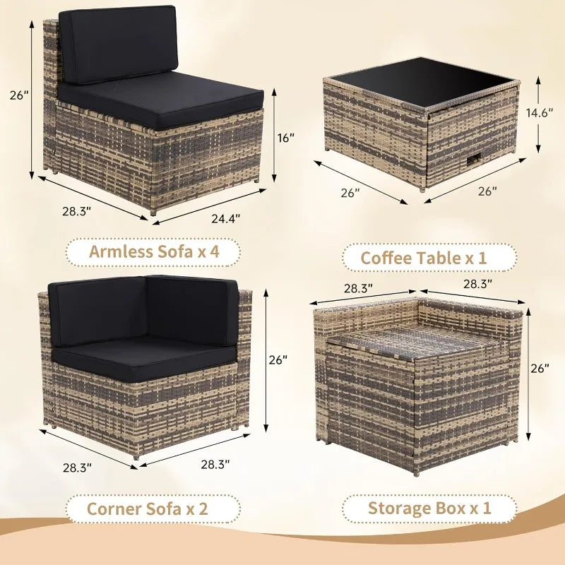 8 Piece Outdoor Wicker Patio Furniture Sectional Set, Glass Top Table With Hidden Storage, Includes 7 Seating Components