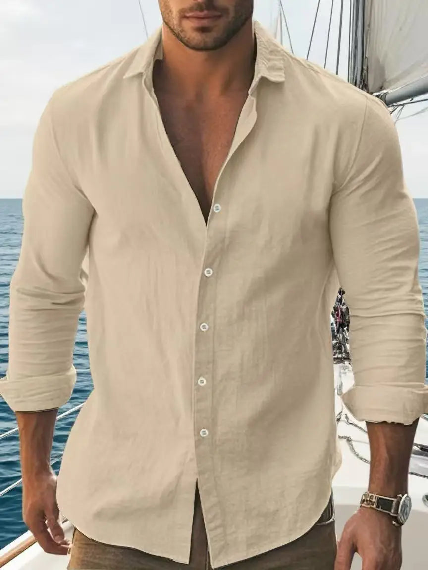 Mens Solid Cotton Long Sleeve Shirt With Classic Collar