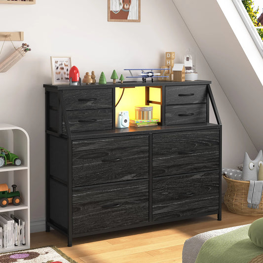 EnHomee 8 Drawers + 2 Open Shelves Dresser – LED Lights & Power Strip Included – Medium Chest for Hallway, Entryway, or Bedroom Use