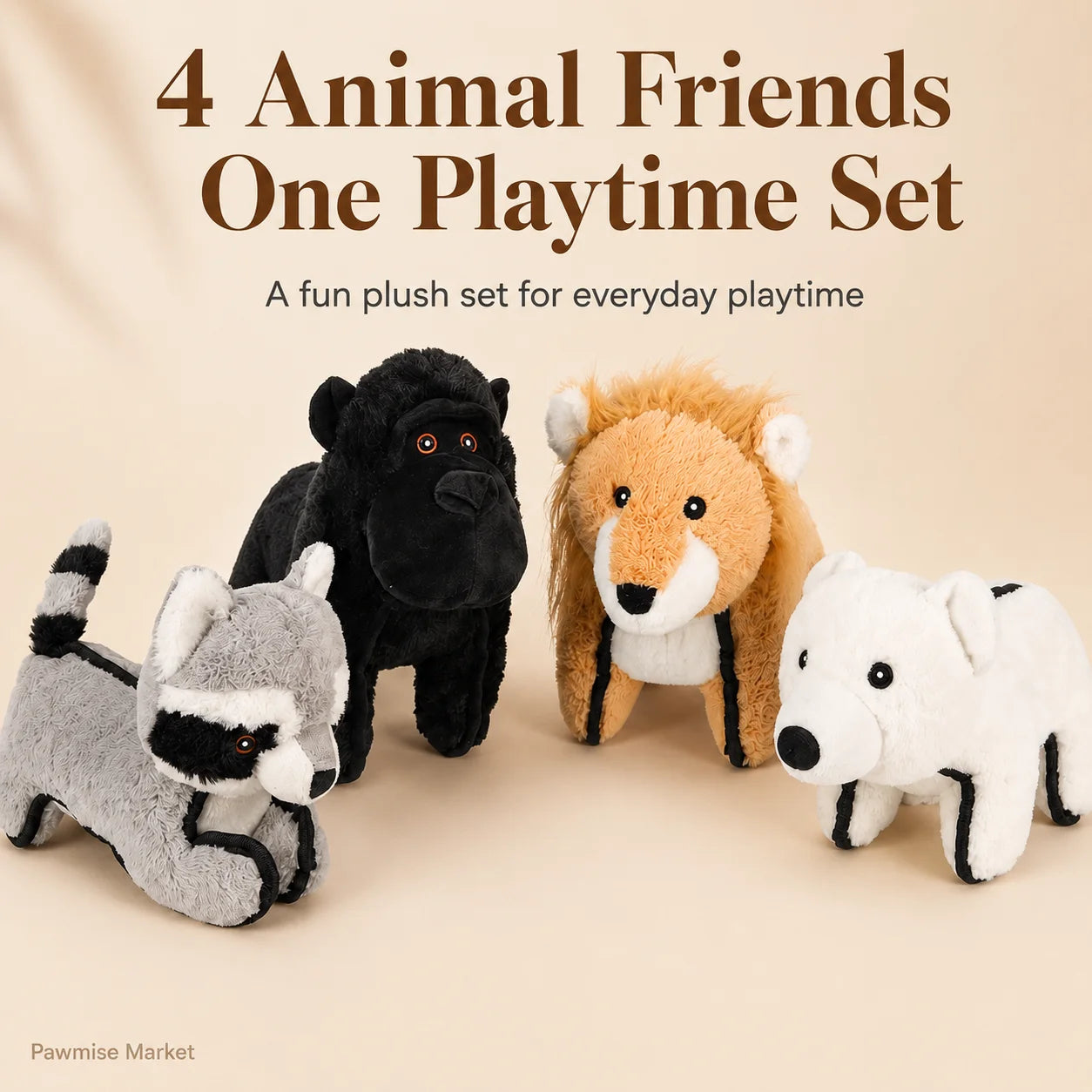 4-Piece Squeaky Plush Pet Toys Set - Polar Bear, Raccoon, Lion & Chimpanzee - Durable Soft Chew Toys for Dogs & Cats - Bite-Resistant Stuffed Animals for Puppies & Kittens - Anxiety Relief & Interactive Play