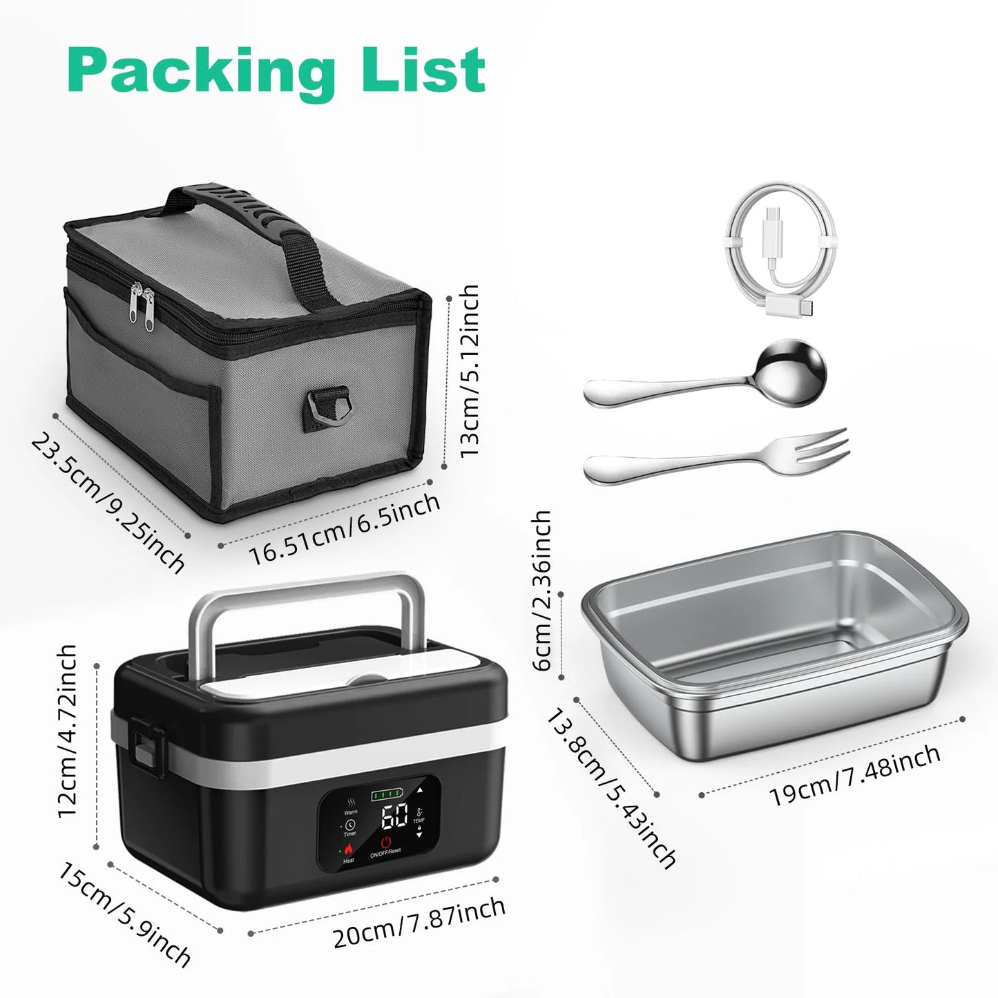 Wireless Heated Insulated Lunch Box With 8000mAh Battery And 60W Heating
