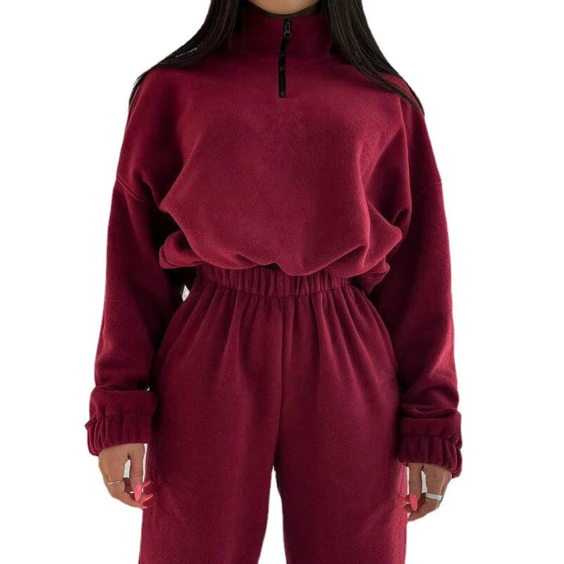 Bywindto Women's Loose Zipper Stand Collar Sweater Pants Suit