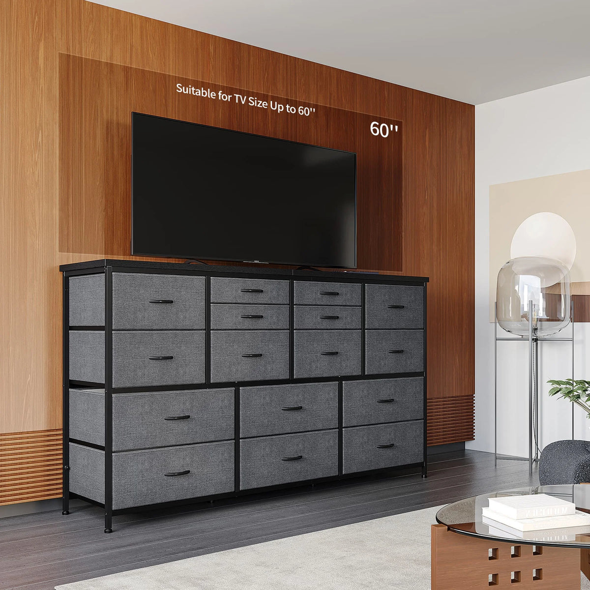 EnHomee 60" TV Stand with 16 Drawers & Charging Station – Long Dresser & Chest of Drawers – Large Bedroom Storage Unit