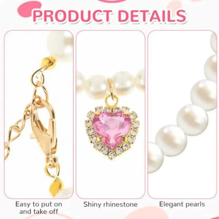2pcs Cute Girl Cat Collar, Pearl Cat Dog Collar with Small Heart Shape Rhinestone for Small Dogs and Cats Adjustable Fancy Dog