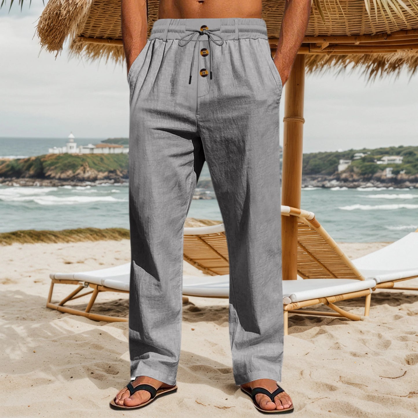 Men's Cotton Casual Pants With Three Button Placket Elastic Pockets