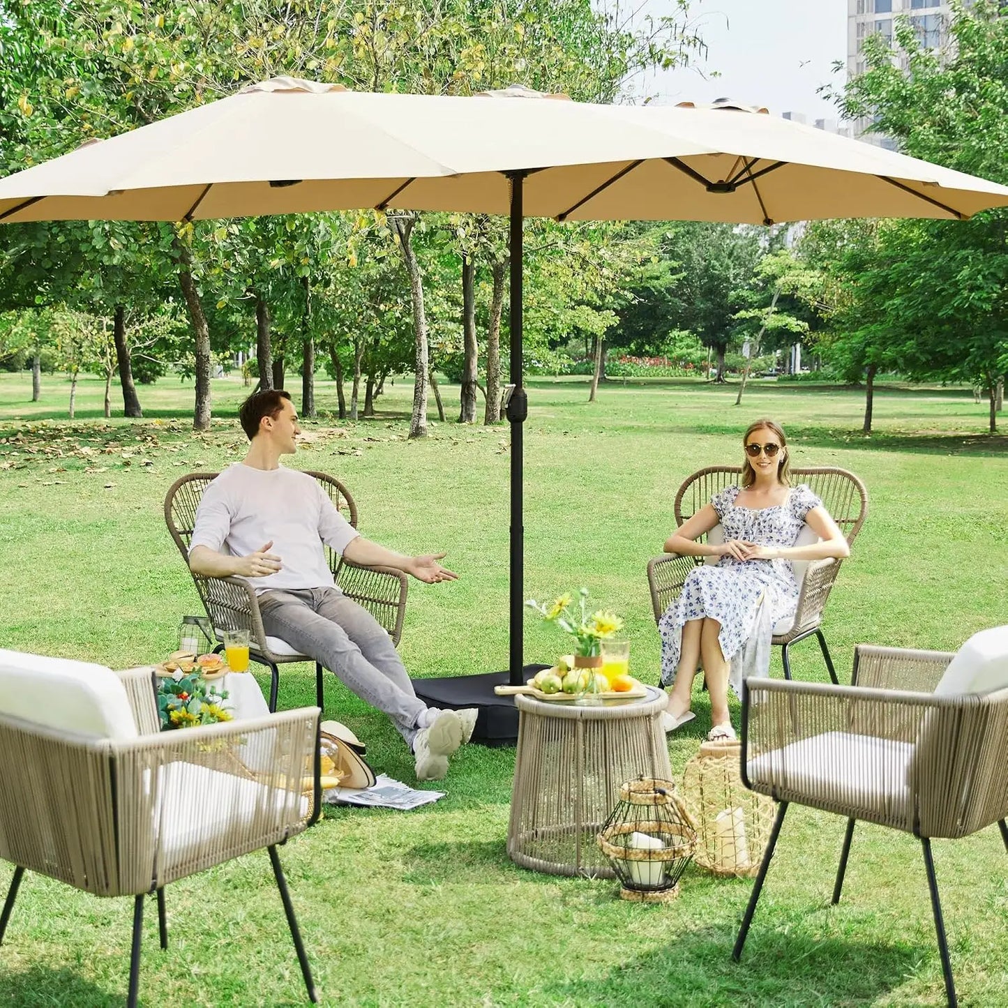 Double Sided Patio Market Umbrella With Base Included UV Resistant