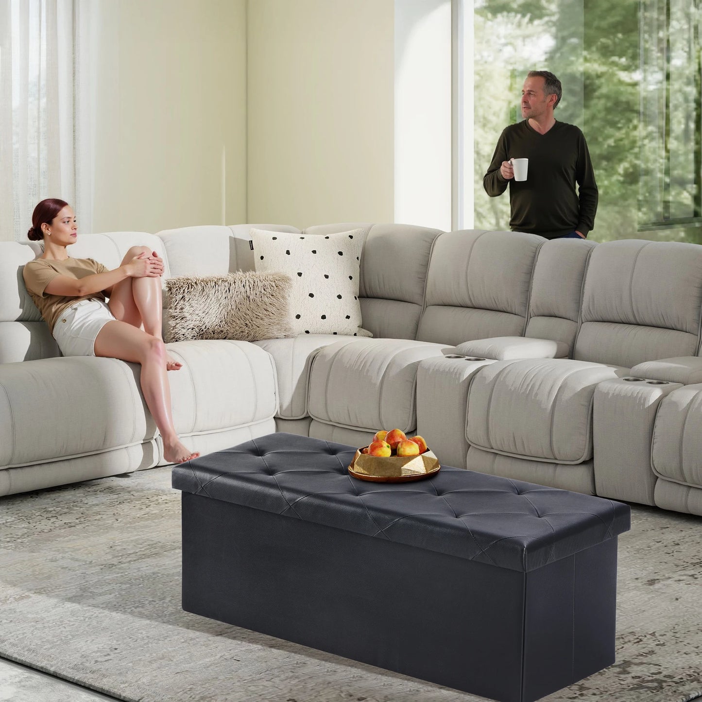 JHK Leather Folding Ottoman Storage Footstool Bench For Living Room