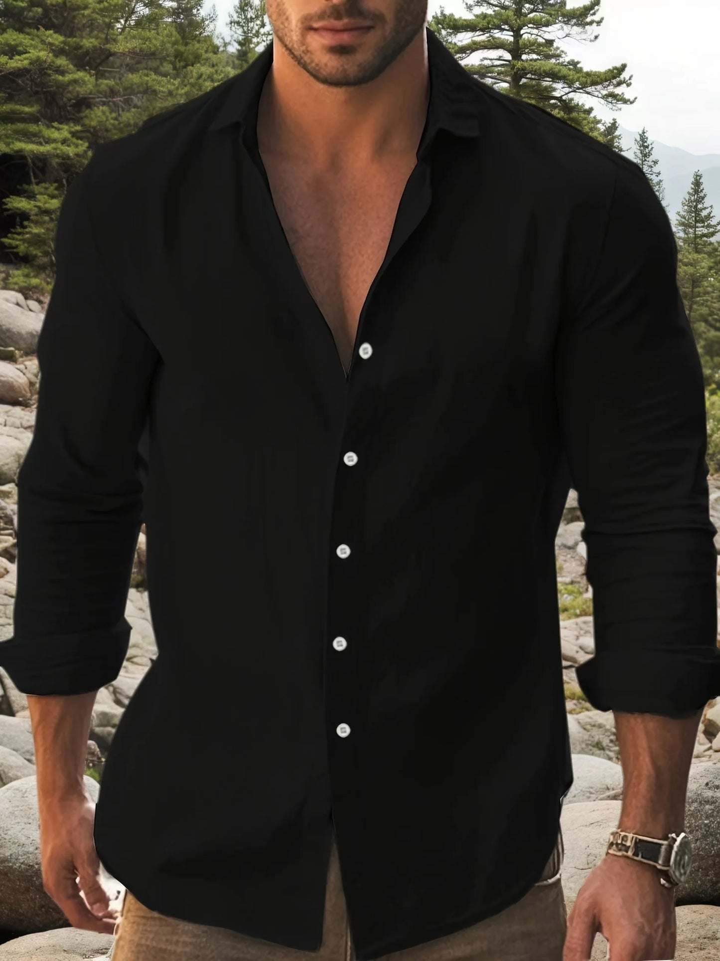Mens Solid Cotton Long Sleeve Shirt With Classic Collar