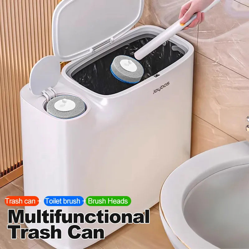 Joybos 2-In-1 Trash Can with Toilet Brush And Brush Head | White Modern Bathroom Narrow Seam Trash Can with Push-On Lid