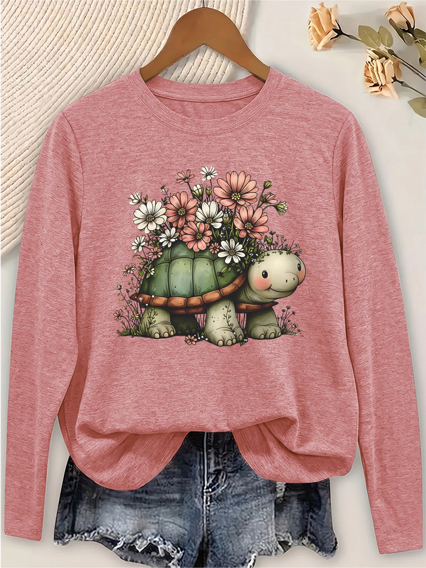 Women's Long Sleeve T Shirt With Turtle Floral Print