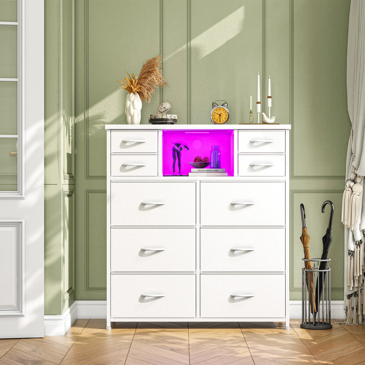 Fabric Storage Chest With LED Charging Station And Open Shelves