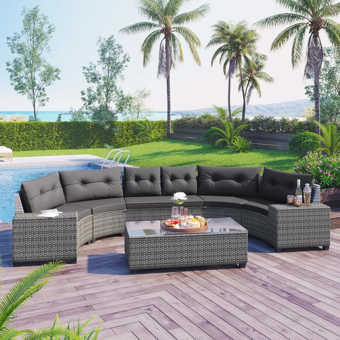 Acacia Wood Half-Moon Outdoor Sofa Set Coffee Table 6 Seat Garden Deck Customized