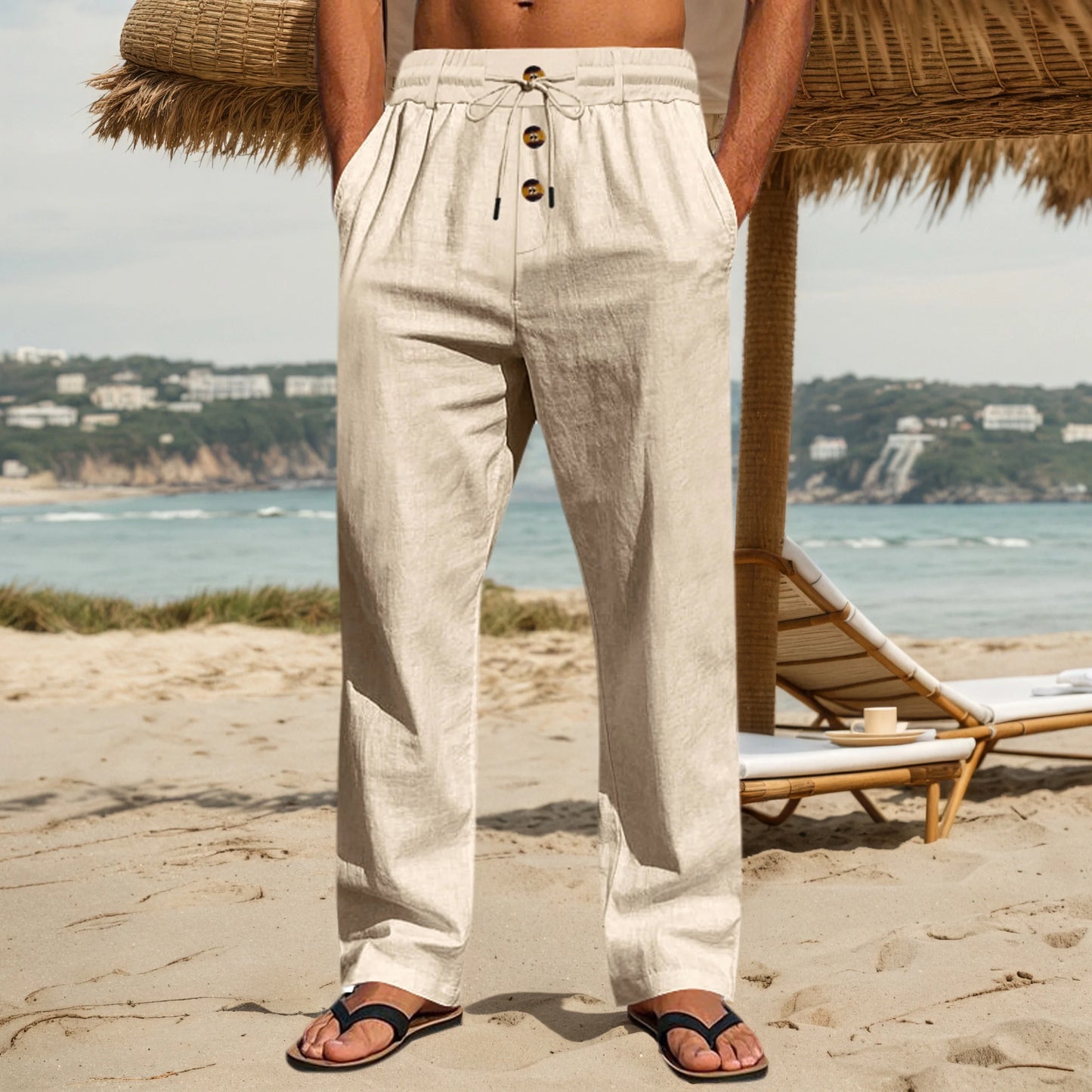 Men's Cotton Casual Pants With Three Button Placket Elastic Pockets