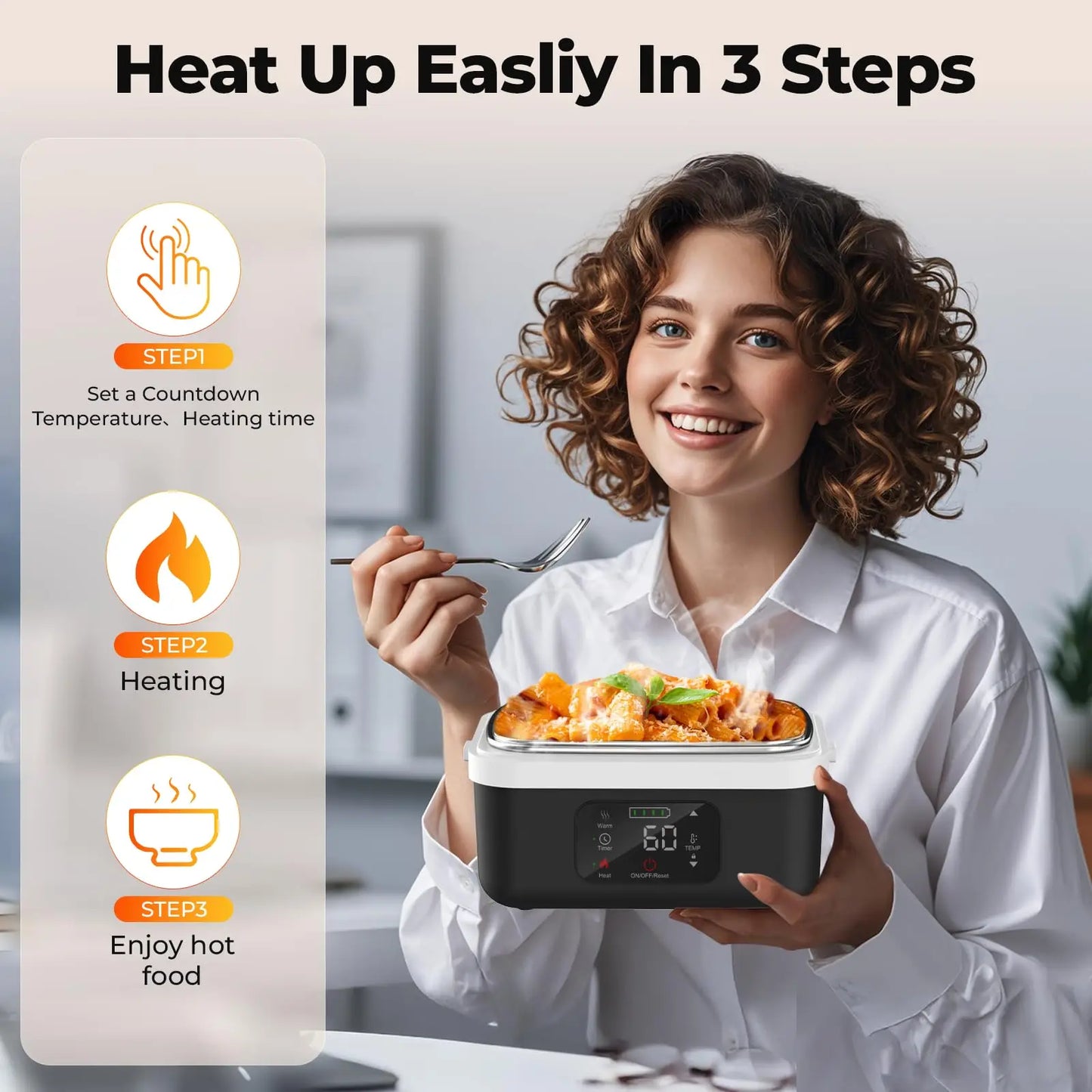 Wireless Heated Insulated Lunch Box With 8000mAh Battery And 60W Heating
