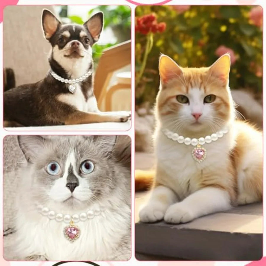 2pcs Cute Girl Cat Collar, Pearl Cat Dog Collar with Small Heart Shape Rhinestone for Small Dogs and Cats Adjustable Fancy Dog