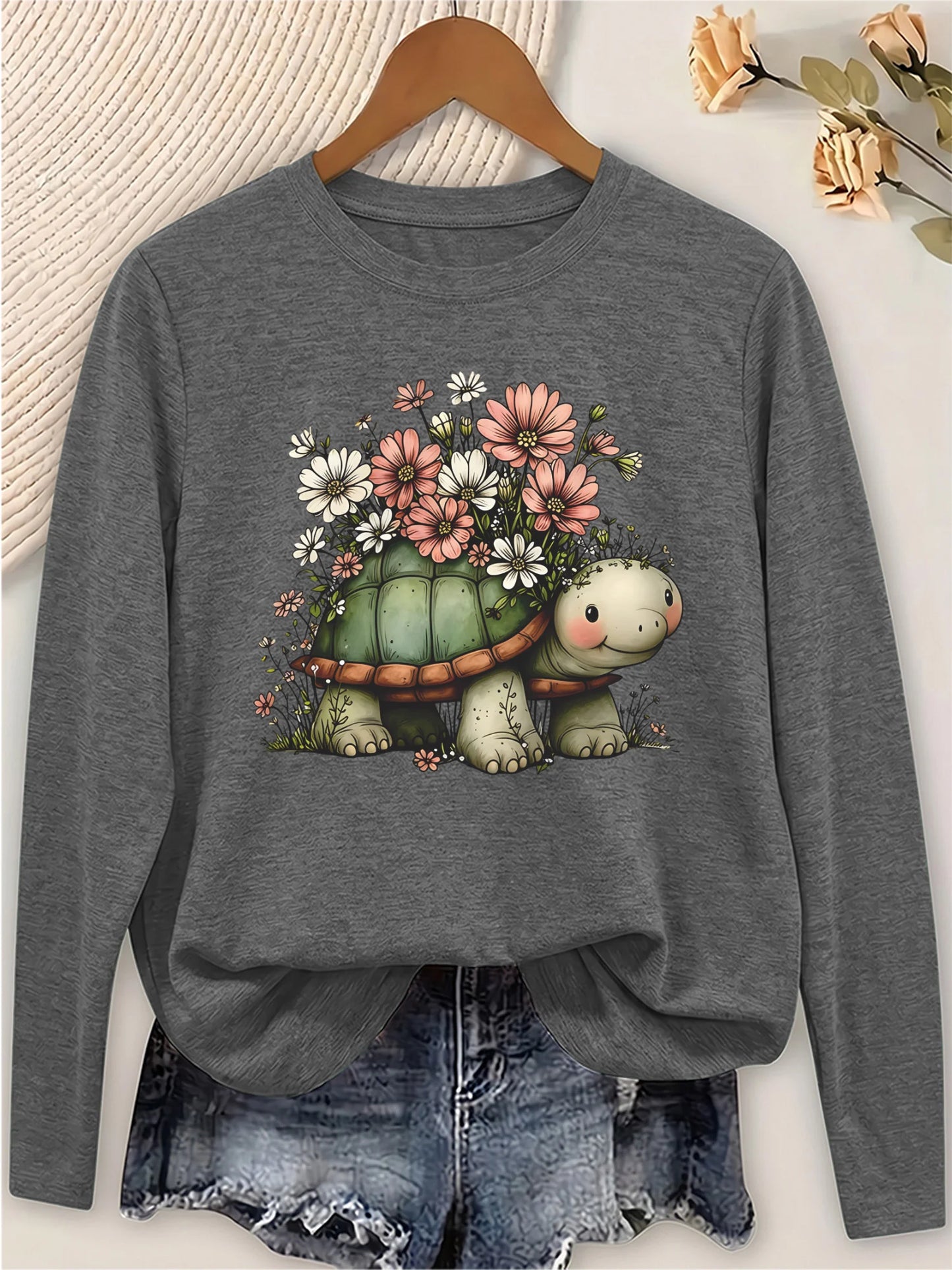 Women's Long Sleeve T Shirt With Turtle Floral Print