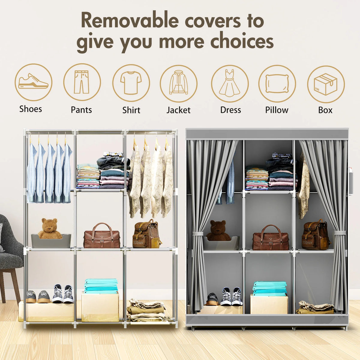 Closet Storage Portable Organizer Clothes Wardrobe Large Capacity Dustproof Non-woven Fabric Quick and Easy Assembly