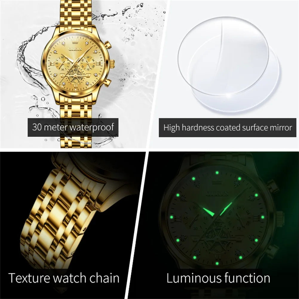 OLEVS Skeleton Quartz Chronograph Stainless Steel Waterproof Luminous Watch