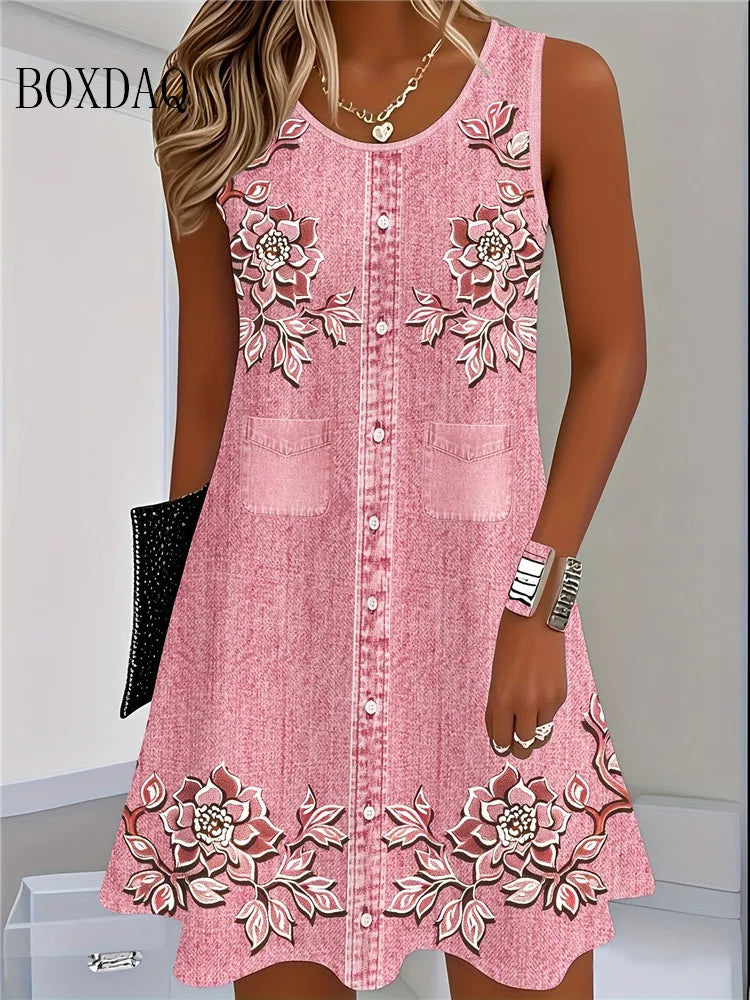 Women's Summer Bohemian Floral Sleeveless Casual Dress