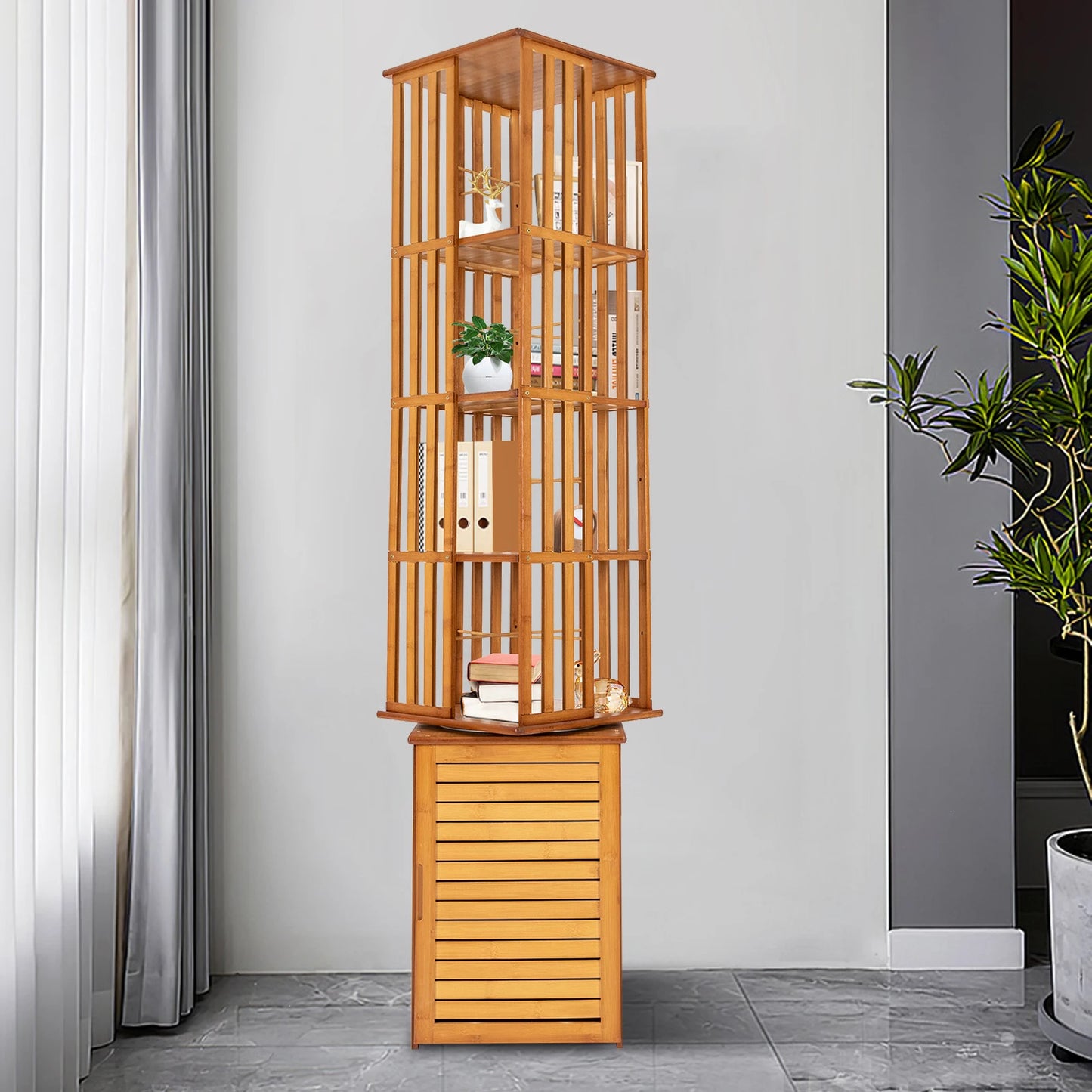 Bymaocar 6 Tier Corner Bamboo Book Shelf Rotating Display Rack
