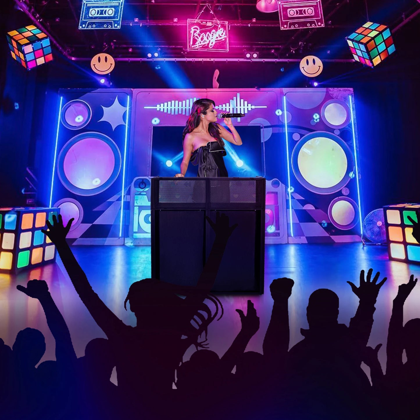 Portable DJ Booth Stand with Metal Frame, Height Adjustable Foldable DJ Table Rack with Black and White Scrims, Carrying Bag