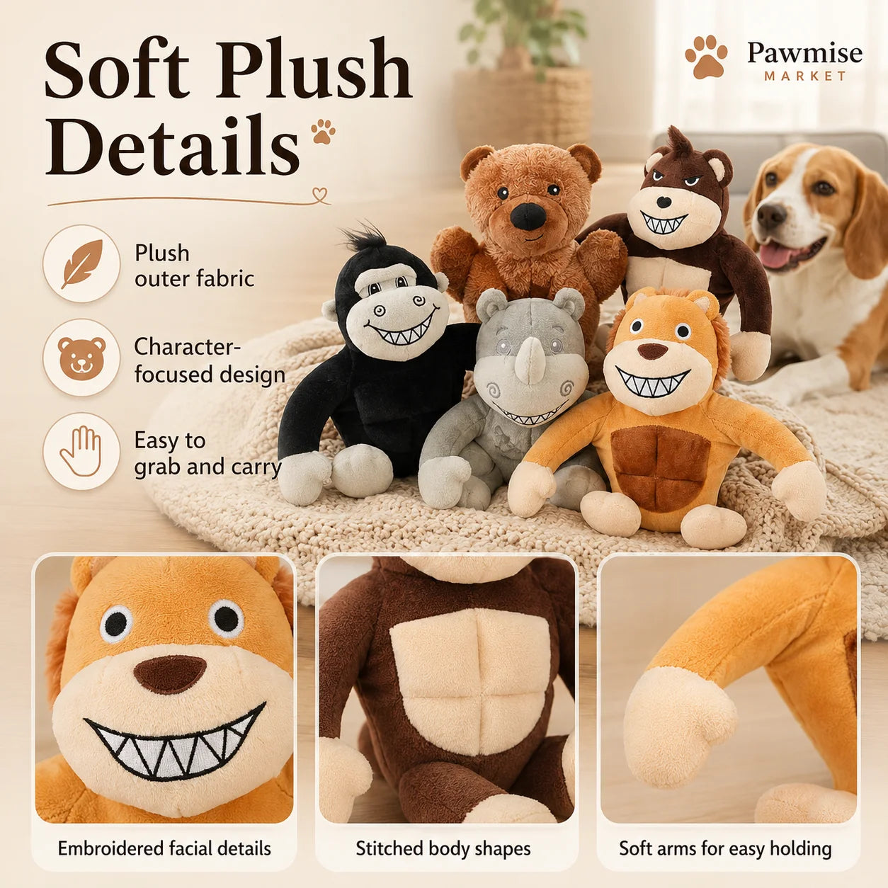 5-Piece Squeaky Plush Pet Toys Set - Lion, Bear, Rhino, Monkey & Chimpanzee - Durable Soft Chew Toys for Dogs & Cats - Bite-Resistant Stuffed Animals for Puppies & Kittens - Anxiety Relief & Interactive Play