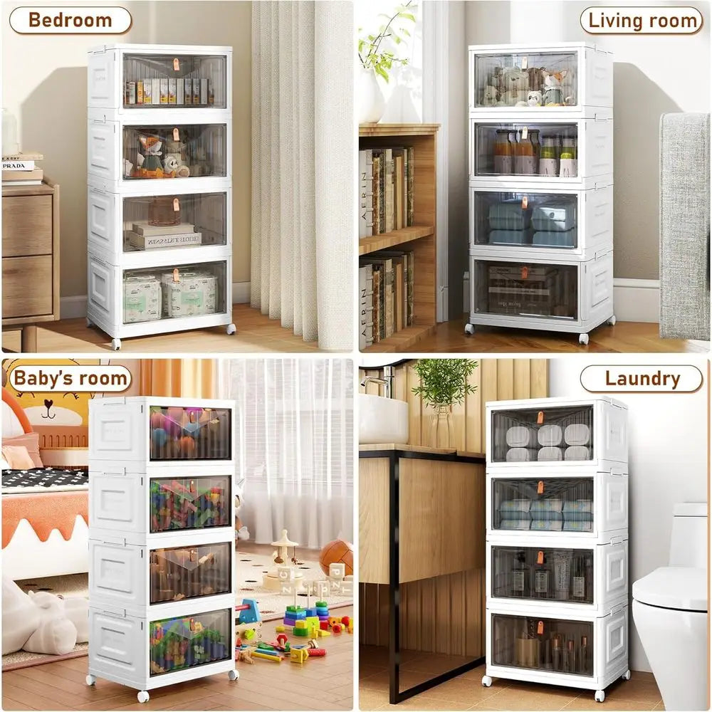 4 Tier Storage Bins with Lids, 23QT Stackable Closet Organizers and Storage with Wheels, Collapsible Storage Boxes, Plastic Stor