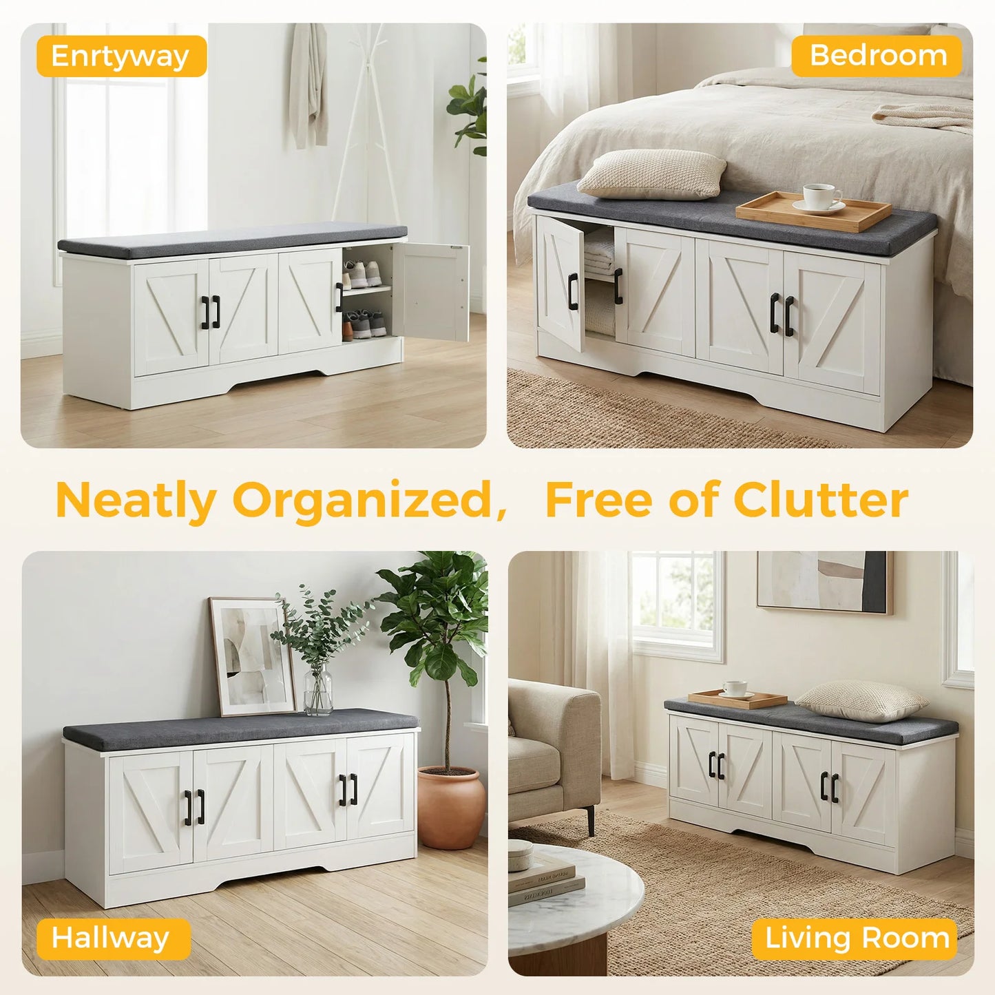 JHK Storage Bench Shoe Organizer Cabinet with Padded Seat Cushion 2 Doors Adjustable Shelf for Entryway Easy Assemble Strong Load-bearing Capacity
