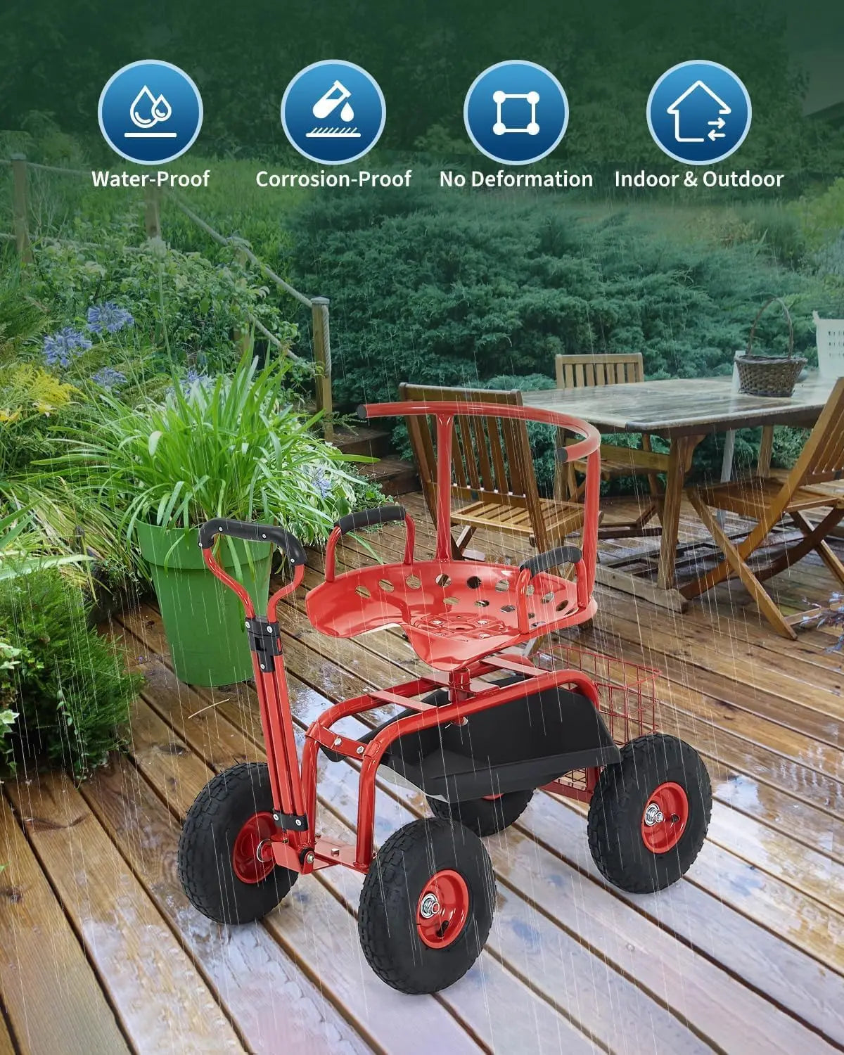 Heavy Duty Garden Cart Rolling Work Seat, 360° Swivel Garden Scooter With 10in Pneumatic Tires, Tool Tray, Storage Basket, 300LB