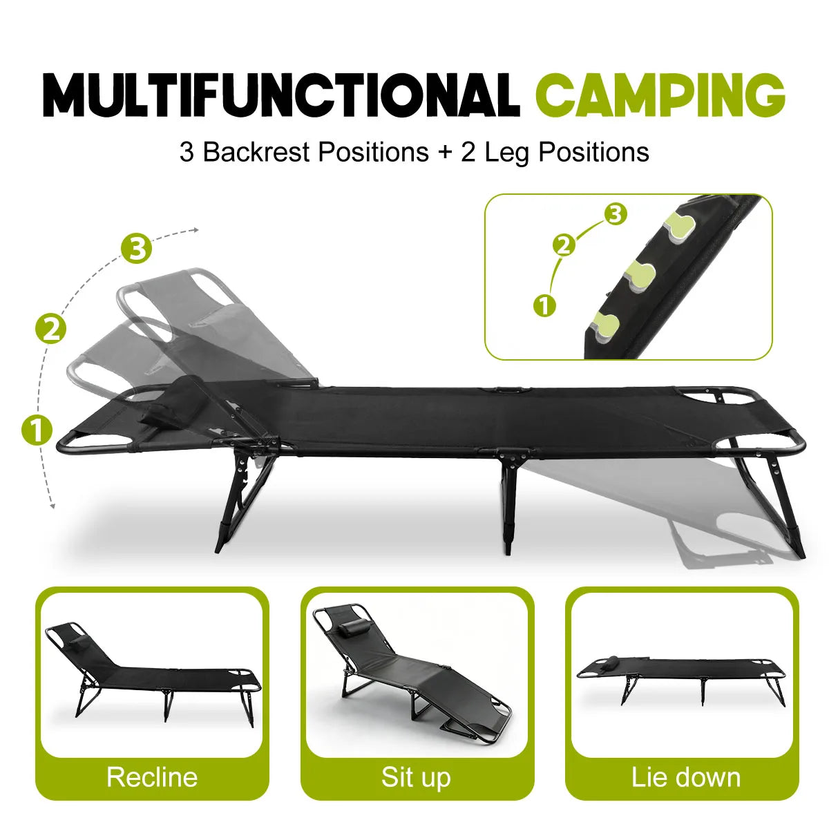Folding Reclining Camping Lounge Chair with Removable Cushion
