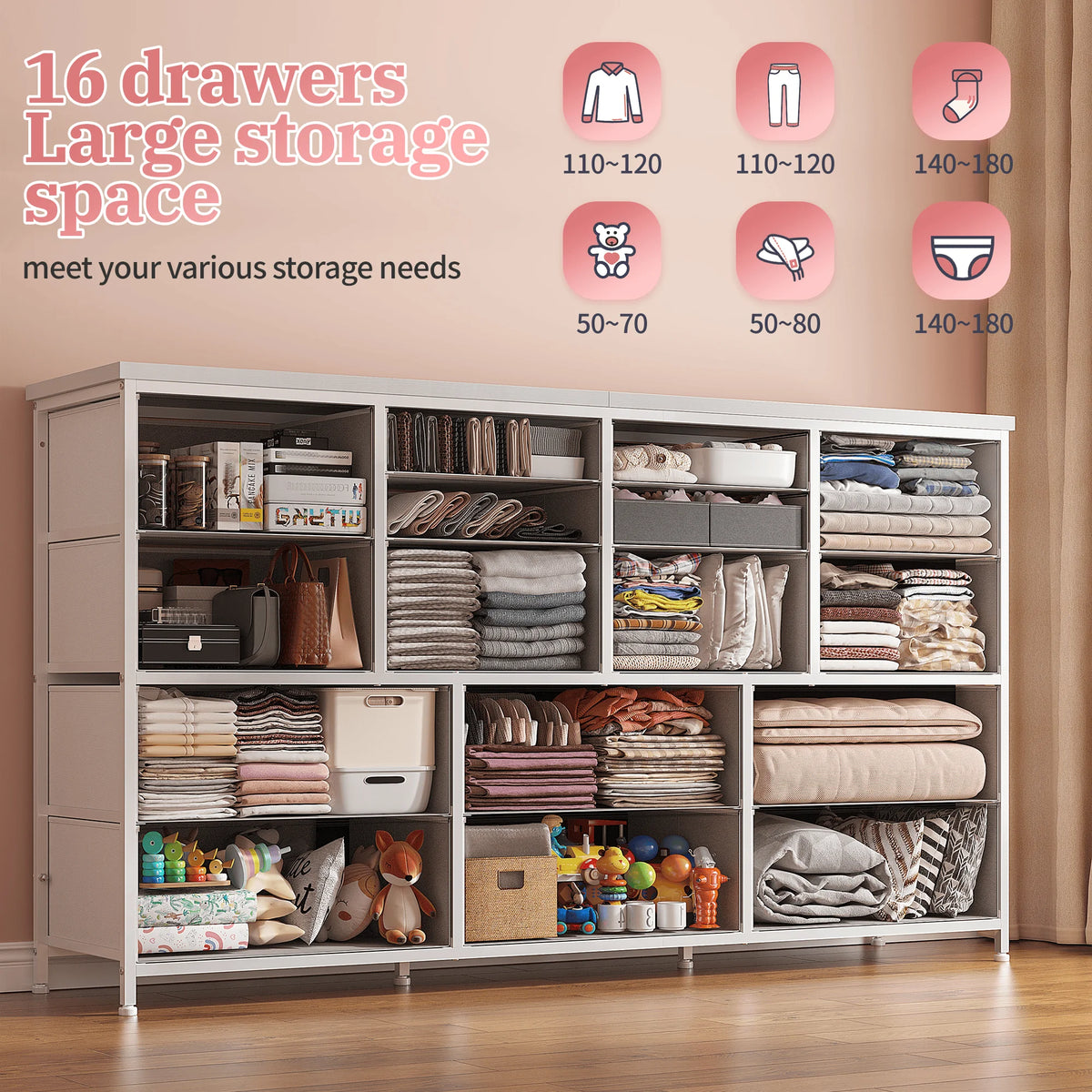 EnHomee 60" TV Stand with 16 Drawers & Charging Station – Long Dresser & Chest of Drawers – Large Bedroom Storage Unit