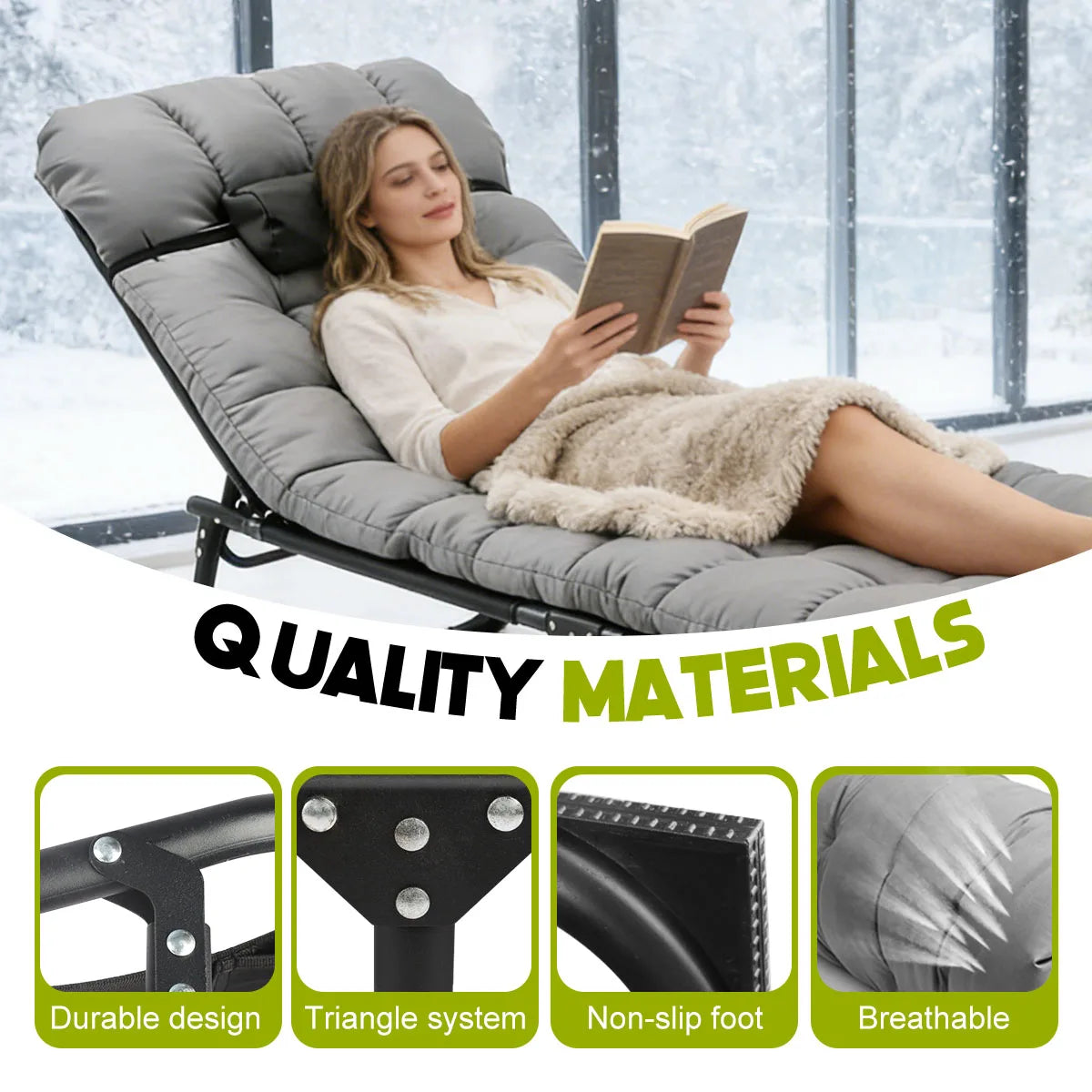Folding Reclining Camping Lounge Chair with Removable Cushion