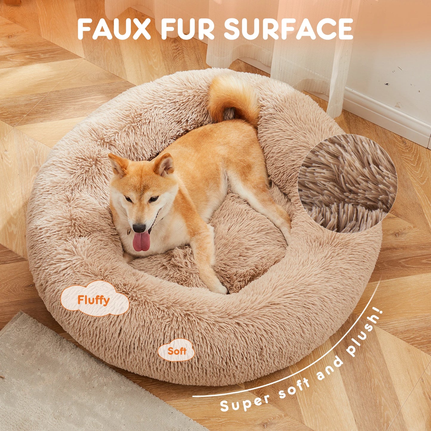 JHK Calming Dog Bed Plush Faux Fur Washable Anti Slip Round