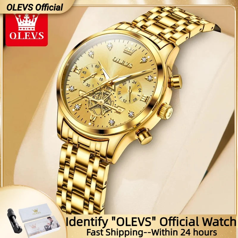 OLEVS Skeleton Quartz Chronograph Stainless Steel Waterproof Luminous Watch