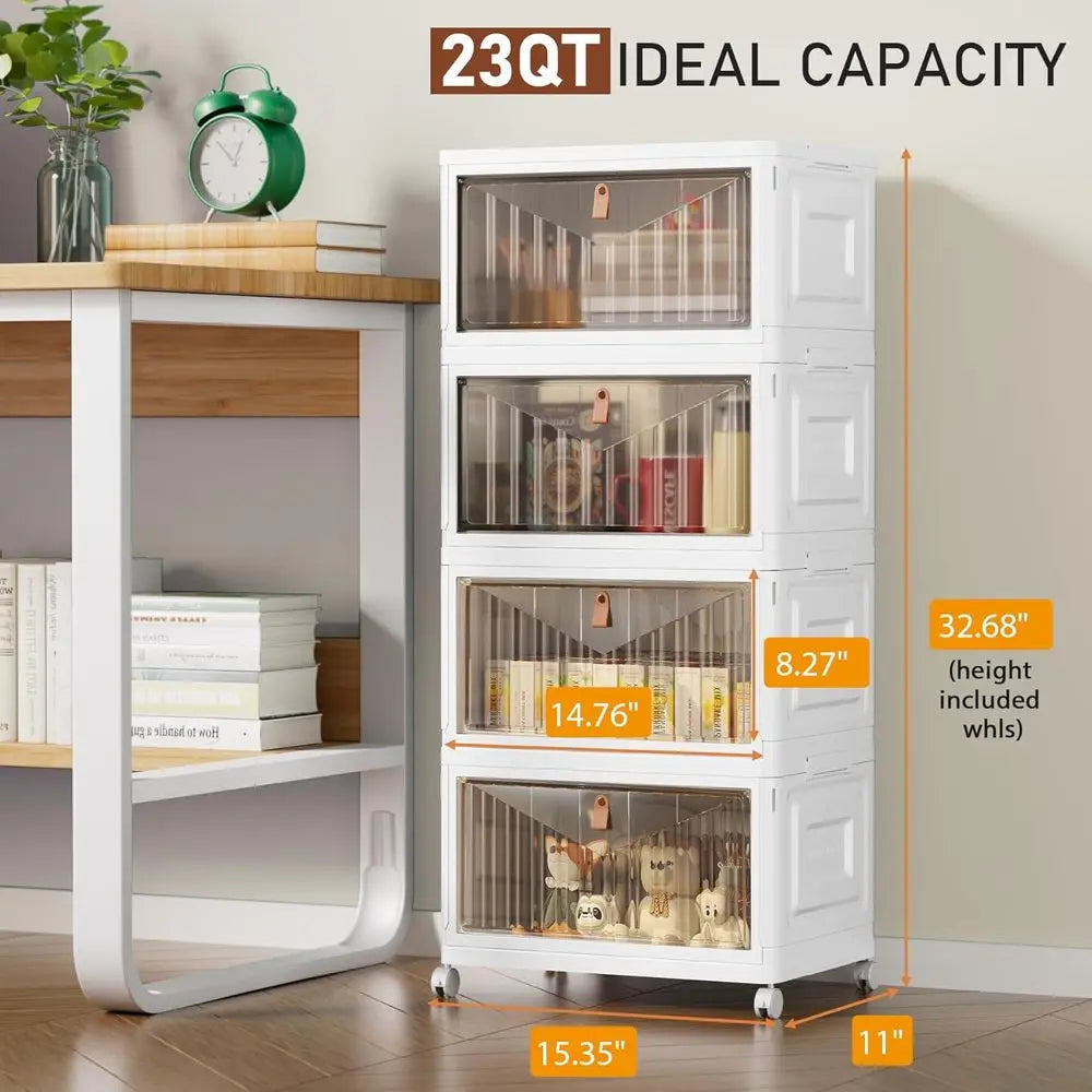 4 Tier Storage Bins with Lids, 23QT Stackable Closet Organizers and Storage with Wheels, Collapsible Storage Boxes, Plastic Stor